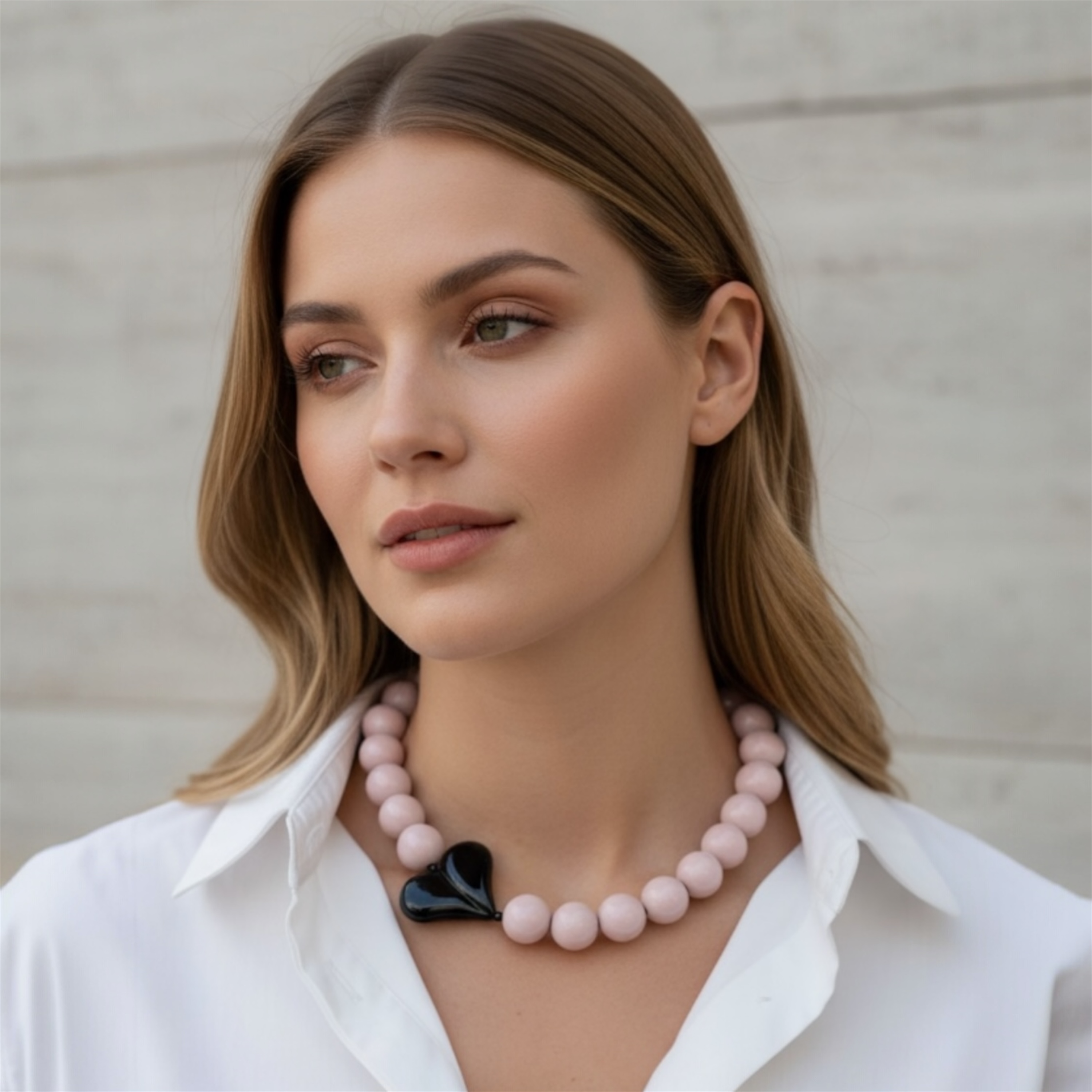 THE SEVENTY COLLECTION- 18 MM BLUSH PINK BLACK HEART MARYLIN STATEMENT NECKLACE BY TESSA BIJOUX