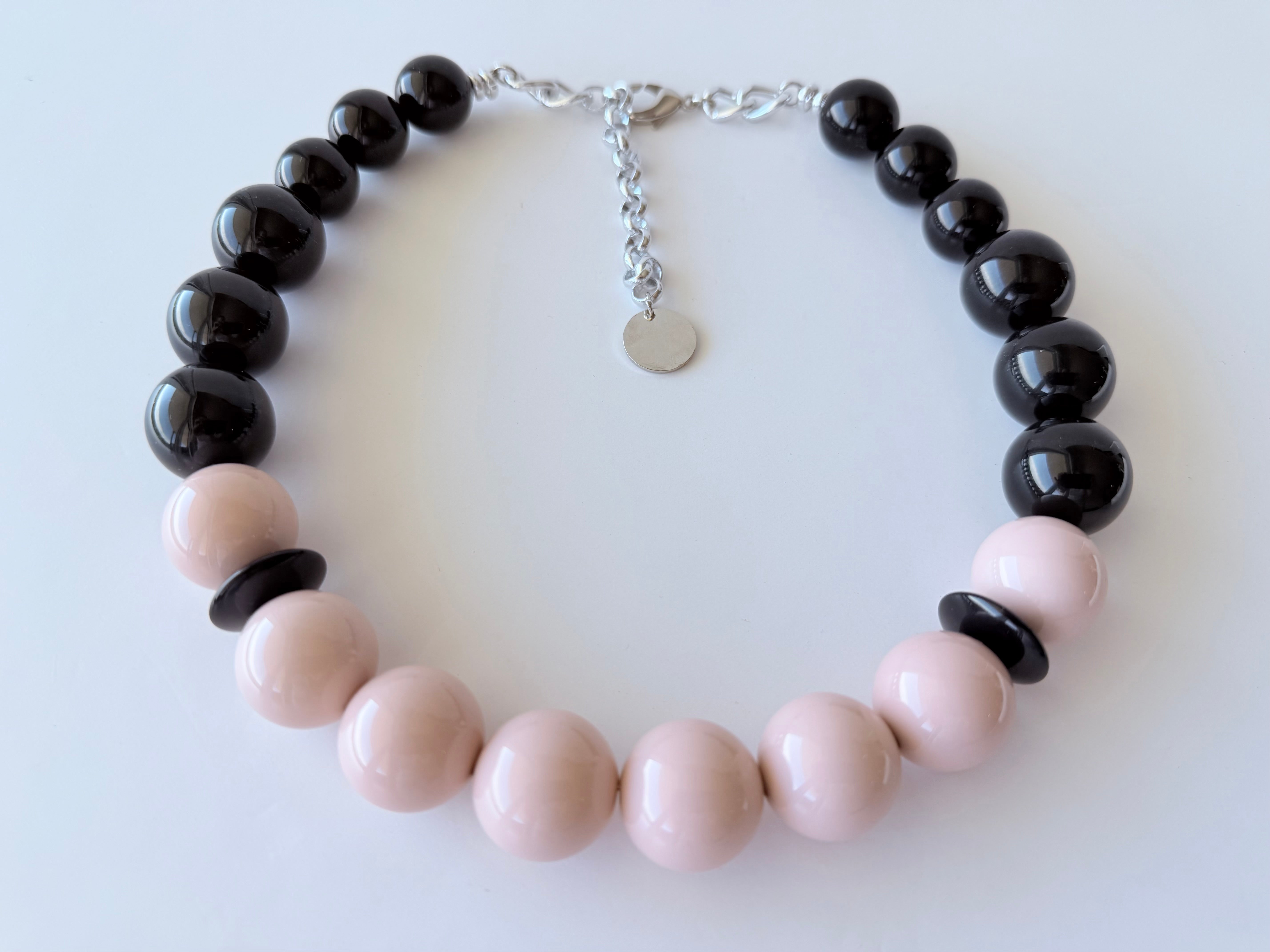 THE SEVENTY COLLECTION- 22 MM BLUSH PINK BLACK INGRID STATEMENT NECKLACE BY TESSA BIJOUX
