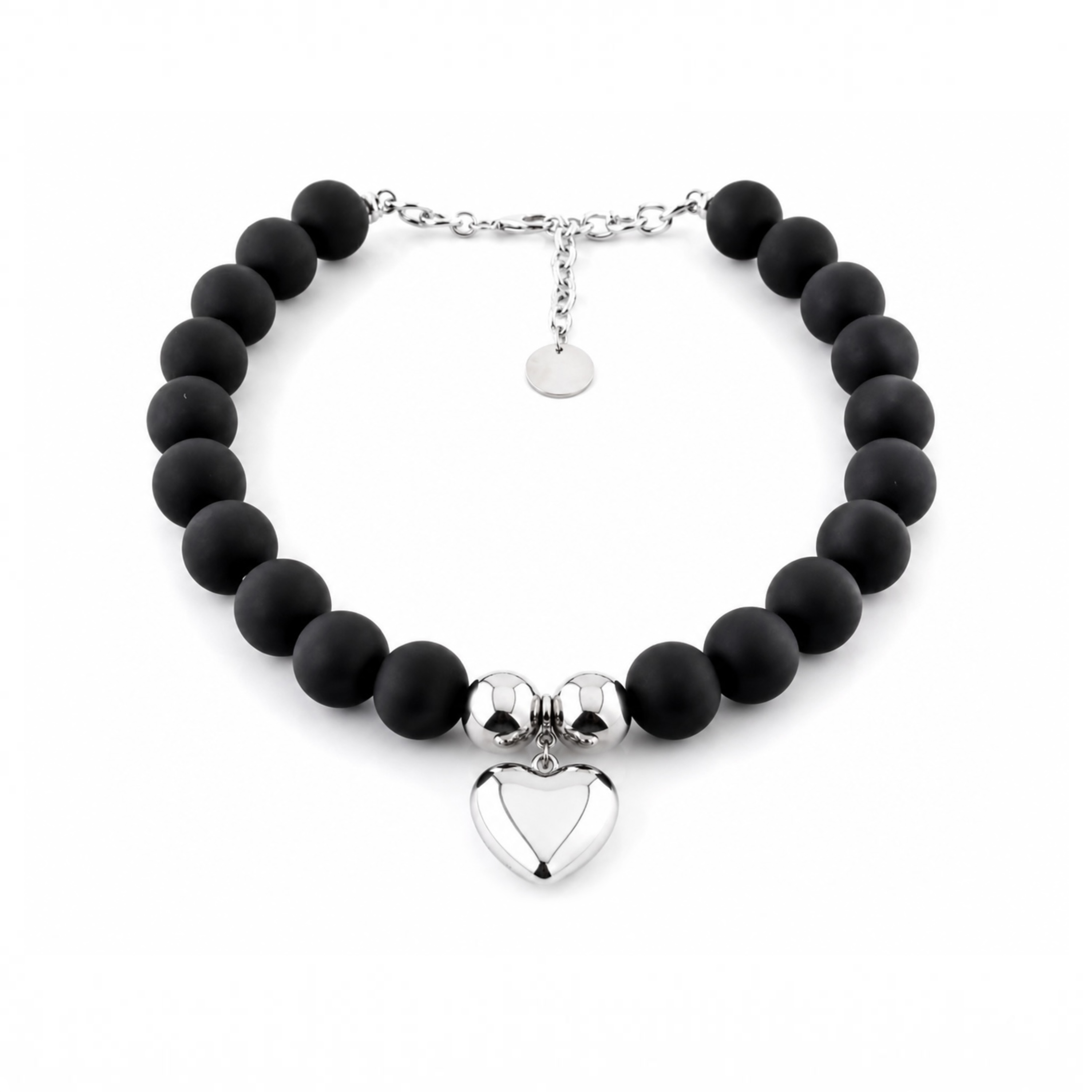 THE SEVENTY COLLECTION – Ingrid 20 mm Matte Black Statement Necklace with Silver Heart