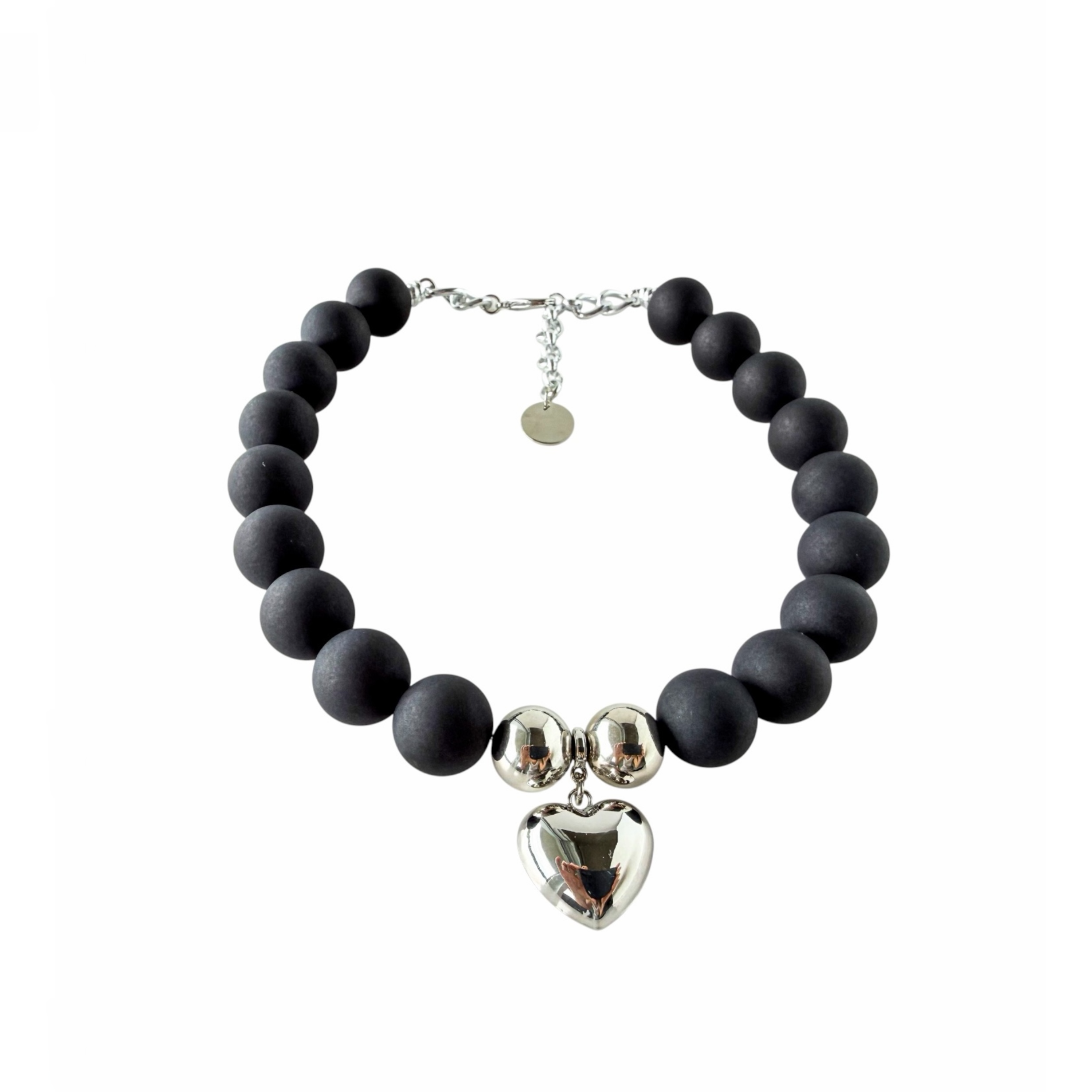 THE SEVENTY COLLECTION – Ingrid 20 mm Matte Black Statement Necklace with Silver Heart